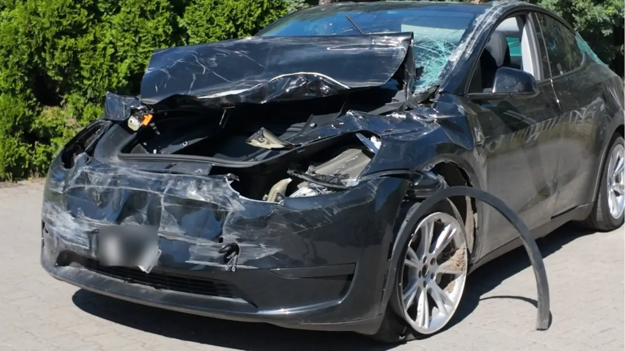 Tesla Model Y - Odbudowa po ciężkiej kolizji - przód, szyby i dach - zdjęcie 1 (Przed / W trakcie)